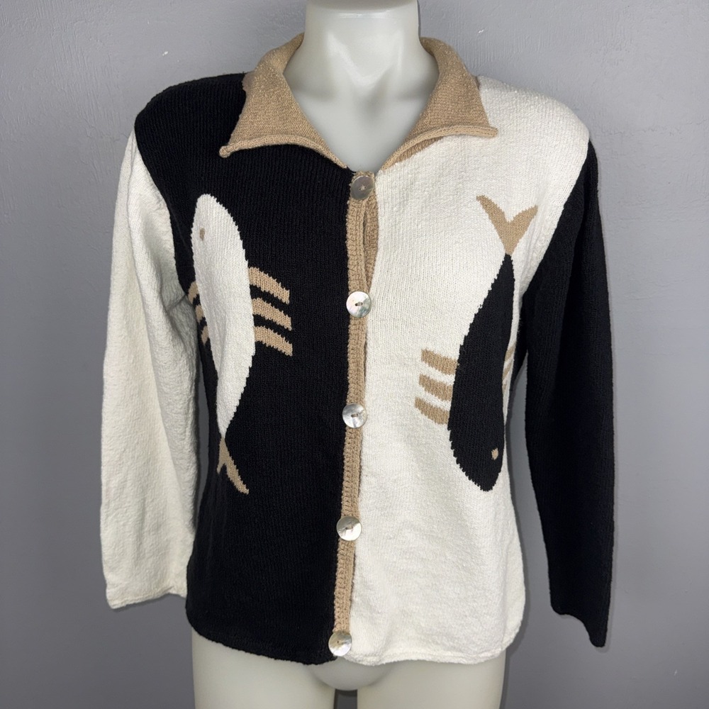 M. Gibson Colorblock Cardigan Women *S/M Multicolor Cotton Peru Fish Motifs READ